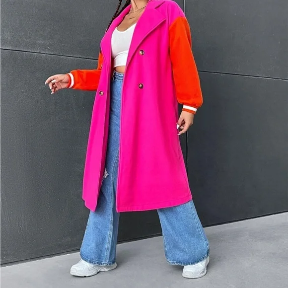 Bold Pink and Orange Trench Coat with Oversized Fit - Picture 3 of 15
